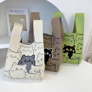 可爱猫咪手拎包背心包马甲包针织单肩手提包出街通勤大容量编织包