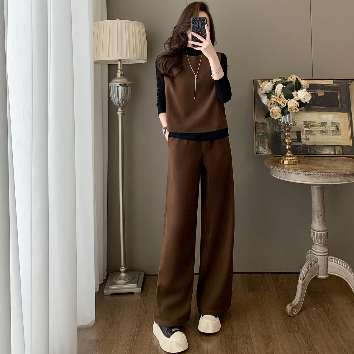 咖色复古休闲套装女秋冬季一整套穿搭高级感毛呢马甲阔腿裤三件套,女装/女士精品,时尚套装,淘宝优惠券,粉丝福利购,淘宝优惠卷