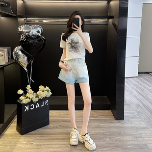休闲套装女夏白色烫钻短袖高腰花苞牛仔短裤两件套小个子夏日穿搭