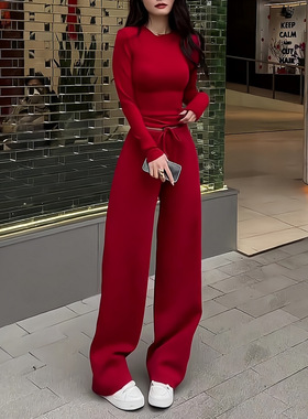 欧货炸街休闲运动套装女春秋季时尚减龄红色修身上衣阔腿裤两件套