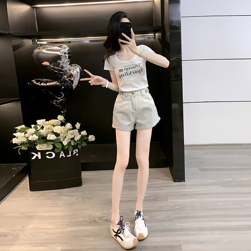 巨好看小个子休闲套装女夏季珠片短袖牛仔短裤时尚减龄穿搭一整套