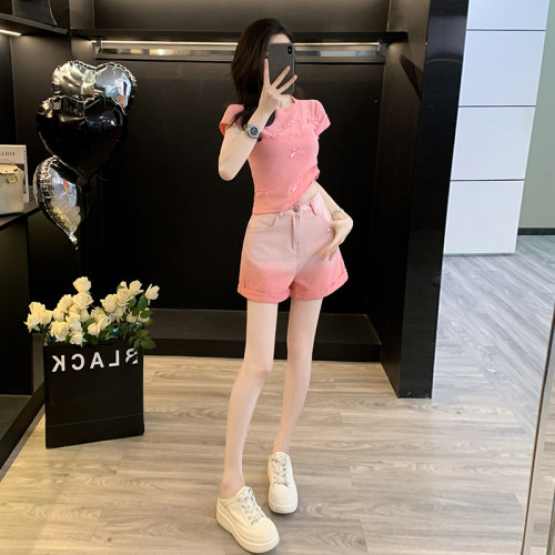 减龄搭配一整套女夏装炸街时尚休闲小个子短袖渐变牛仔短裤两件套