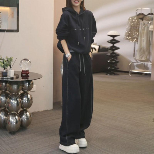 高级感休闲运动套装女秋冬季加绒连帽卫衣阔腿裤穿搭慵懒风两件套