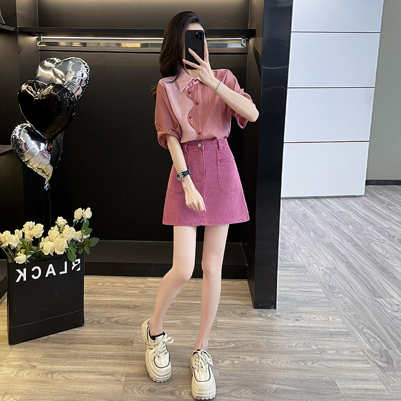 时尚套装女夏季小个子短袖衬衫牛仔短裙休闲两件套减龄穿搭一整套