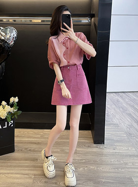 时尚套装女夏季小个子短袖衬衫牛仔短裙休闲两件套减龄穿搭一整套