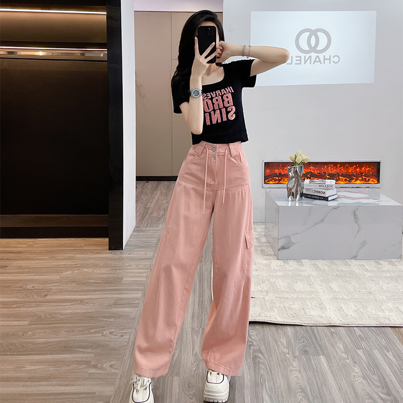休闲套装女夏季减龄一整套穿搭黑色短款上衣粉色阔腿牛仔裤两件套