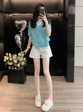 高级感时尚套装女夏珠片针织衫牛仔短裤两件套巨好看的夏装一整套