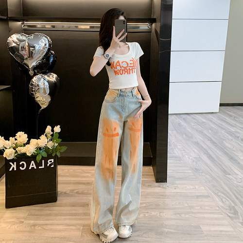 又a又飒套装女夏季洋气减龄白色短款T恤时髦阔腿裤牛仔裤两件套潮