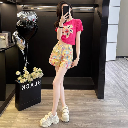 休闲运动套装女夏短袖T恤牛仔短裤两件套韩系时尚减龄穿搭一整套