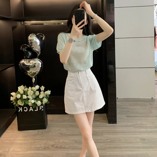 小个子穿搭套装女夏季薄款钉珠针织衫牛仔短裙夏日巨好看的两件套