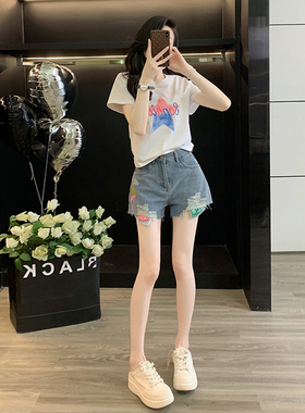 休闲套装女夏设计感白色短袖破洞牛仔短裤时尚减龄一整套ootd穿搭