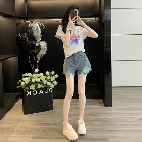休闲套装女夏设计感白色短袖破洞牛仔短裤时尚减龄一整套ootd穿搭