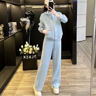 高级感卫衣套装女秋冬季加绒设计感连帽阔腿裤休闲运动穿搭两件套