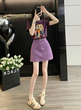 休闲时尚套装女夏季紫色短袖牛仔半身裙两件套韩系减龄穿搭一整套