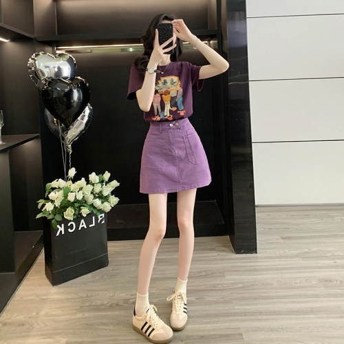 休闲时尚套装女夏季紫色短袖牛仔半身裙两件套韩系减龄穿搭一整套