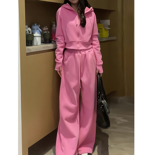 元气粉色运动套装女春秋季韩风chic穿搭一整套连帽卫衣休闲两件套