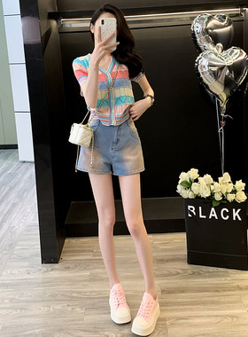 夏日小个子时尚减龄套装女夏季短袖针织衫牛仔短裤巨好看的两件套