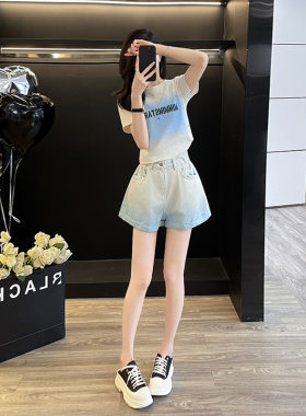 休闲运动套装女夏时尚烫钻短袖t恤渐变色牛仔短裤减龄两件套穿搭