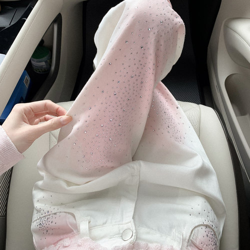 烫钻渐变白色牛仔裤女夏季高腰显瘦休闲裤阔腿宽松直筒裤子高级感