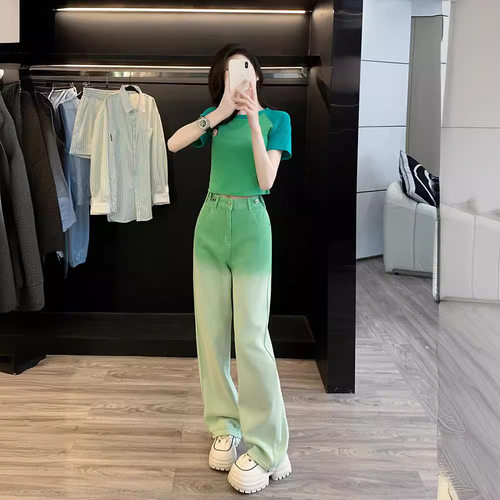 渐变阔腿牛仔裤套装两件套