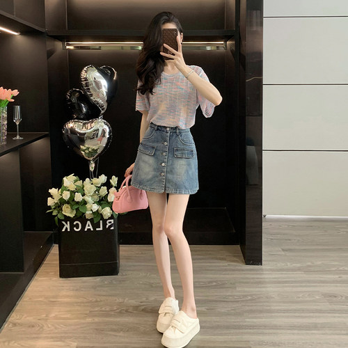 减龄时尚套装女夏薄款针织衫牛仔半身裙设计感气质一整套ootd穿搭