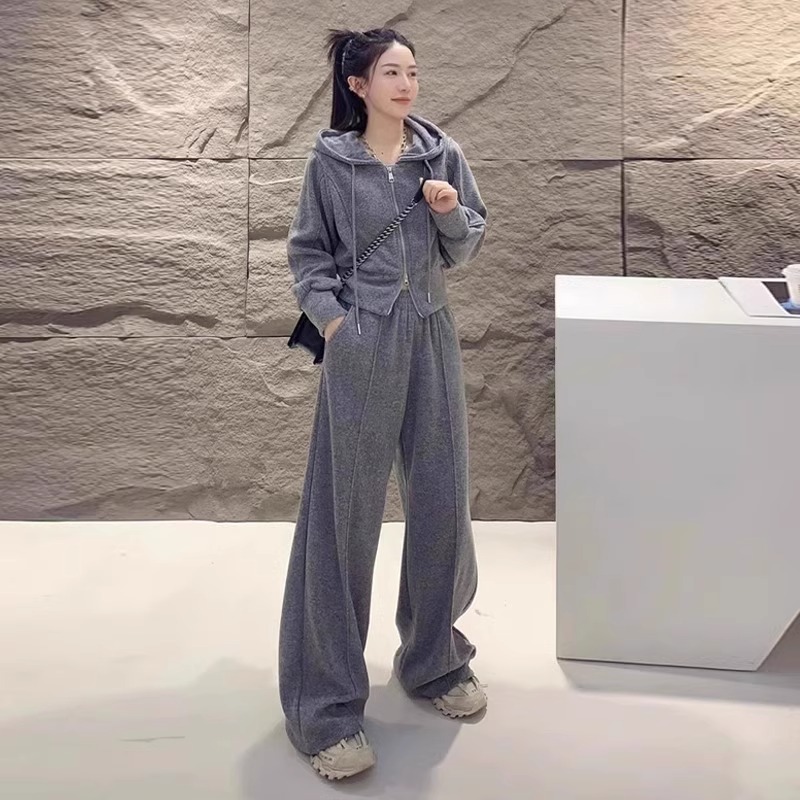 高级感灰色连帽卫衣套装女秋冬款加绒慵懒风宽松阔腿裤休闲两件套