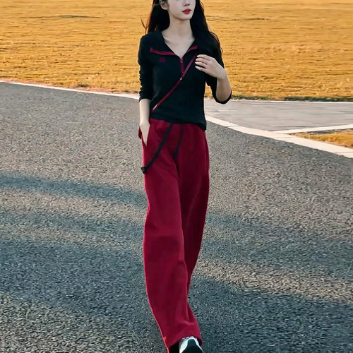 撞色休闲运动套装女春秋连帽卫衣阔腿卫裤两件套韩系穿搭一整套装
