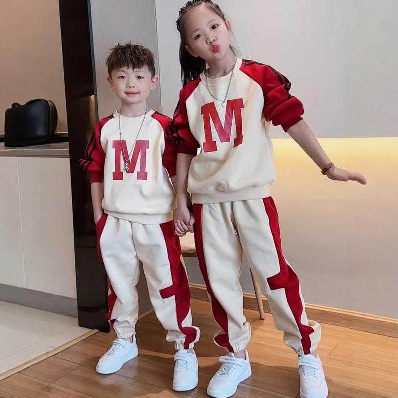 姐弟春秋款卫衣套装男女童时髦洋气运动两件套红色字母休闲母女装