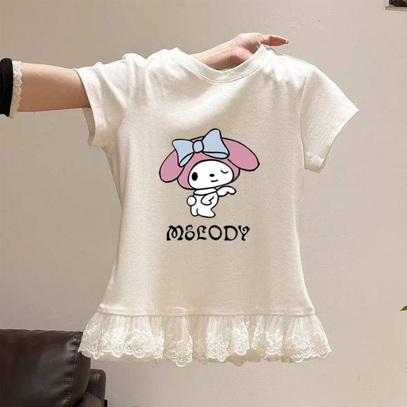 女童夏季上衣2025新款儿童中长款蕾丝花边印花短袖T恤女宝薄款衫