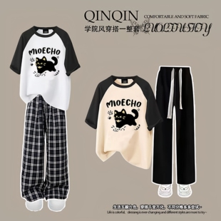 女童纯棉短袖T恤套装夏季2026款中大童宽松版拼接休闲运动两件套