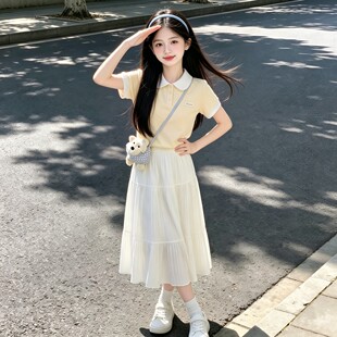 女童夏季套装2026新款儿童学院风Polo衫短袖T恤女孩半身裙两件套