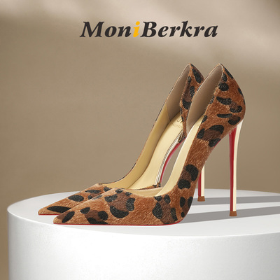 时尚新款马毛豹纹侧空高跟鞋女