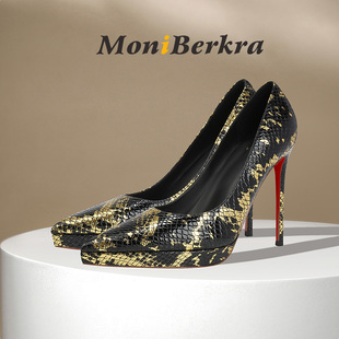 时尚新款蛇纹防水台高跟鞋女细跟2025性感舒适不累脚气场红底单鞋