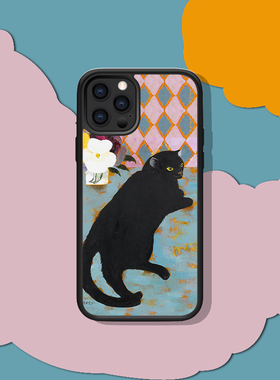 慵懒黑色猫咪适配iphone13/14Pro MAX小众复古格纹撞色苹果手机壳