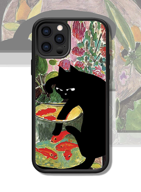 马蒂斯复古黑猫适配iphone13 14Pro MAX小众油画美术苹果11手机壳