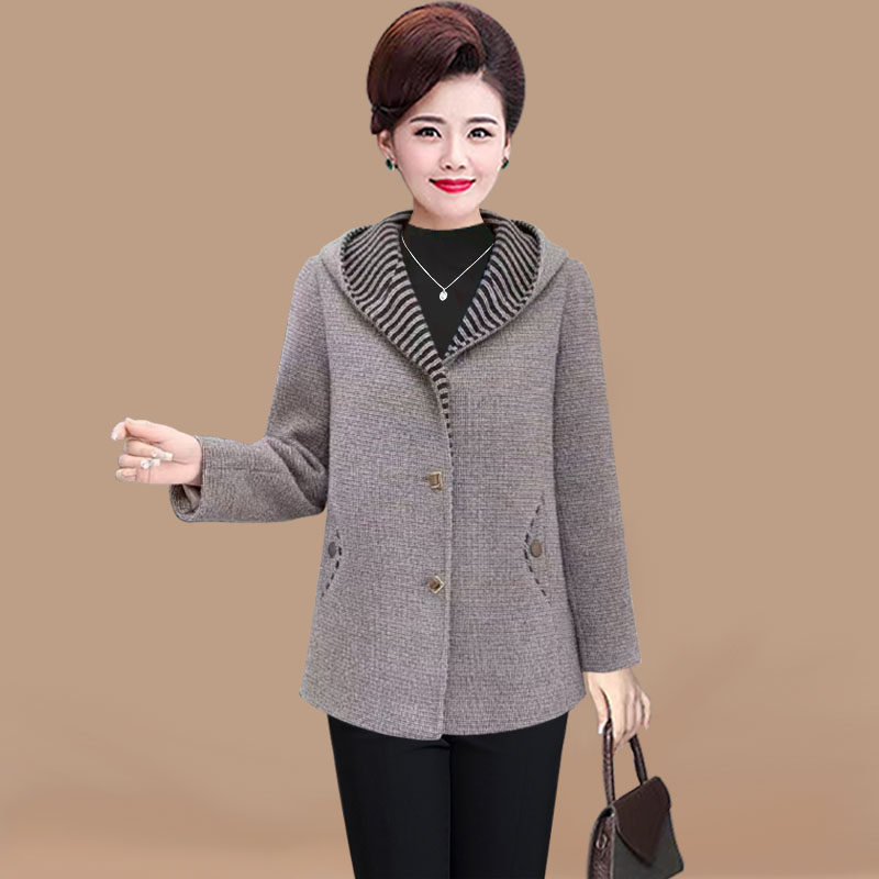 休闲连帽短款羊毛大衣女秋冬季时尚中年妈妈装外套中老年呢子上衣