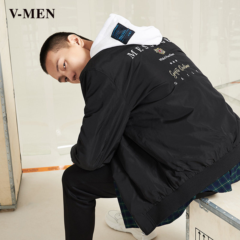 VMEN威曼潮男飞行夹克短款修身休闲时尚绣花黑色外套911603011