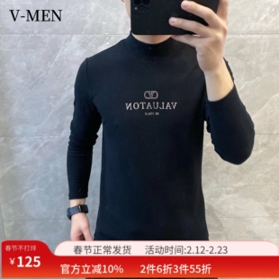 VMEN威曼男士打底衫2023秋冬新款修身弹力德绒卫衣半高领长袖t恤