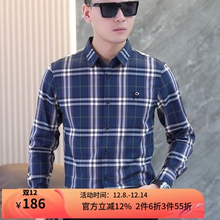 VMEN威曼秋冬新款男士长袖衬衫时尚百搭修身翻领格子衬衣上衣男装