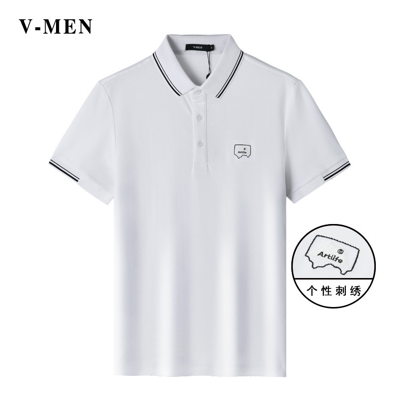 威曼夏季短袖休闲刺绣翻领白色