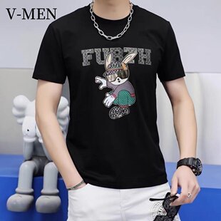 VMEN威曼夏季新款短袖T恤男修身兔子印花烫钻潮牌丝光棉休闲衫626