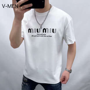 VMEN威曼夏季新款男士短袖T恤潮流百搭圆领个性印花青年上衣简约