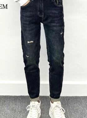 【底拉绒】VMEM男士秋冬新款百搭弹力修身破洞休闲小脚裤厚牛仔裤
