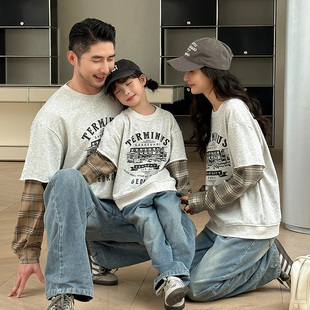 韩版格纹假两件卫衣亲子装一家三口个性拼接衬衫袖灰色上衣家庭装