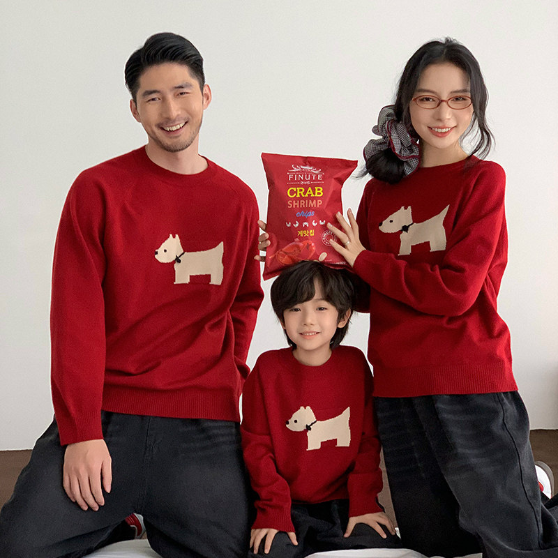 新款日系秋冬季红色毛衣亲子装一家三口卡通软糯圆领针织衫家庭装