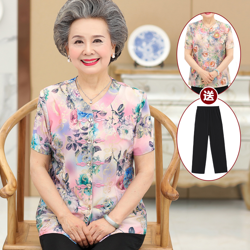 老年人女装夏天奶奶短袖套装妈妈T恤60-70岁老太太上衣服洋气衬衫