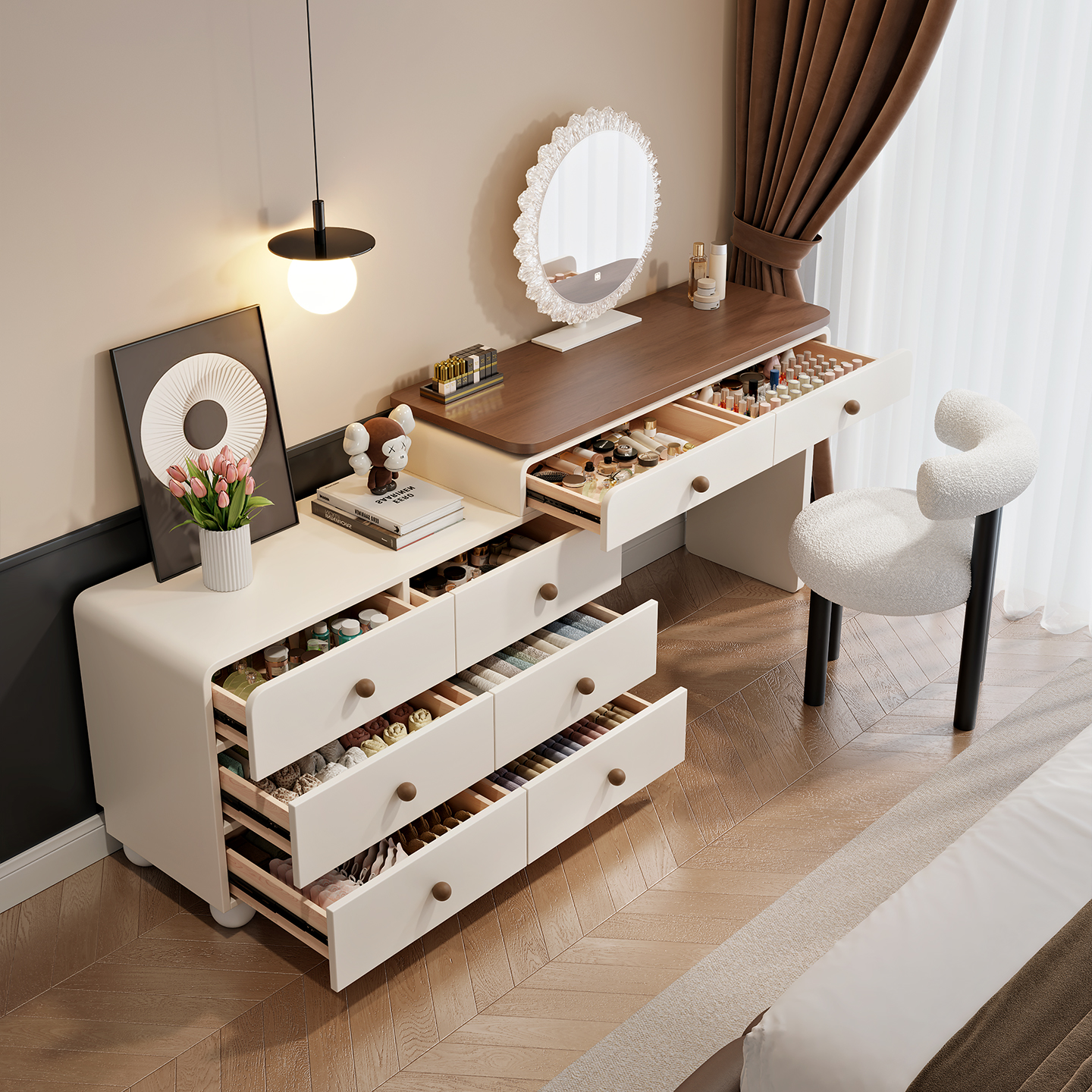 2025新款中古奶油风实木梳妆台