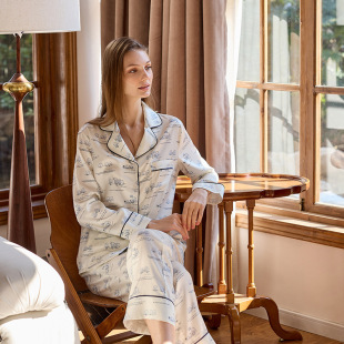 冰丝睡衣女春秋长袖 女 仿真丝凉感简笔卡通宽松舒适家居服套装