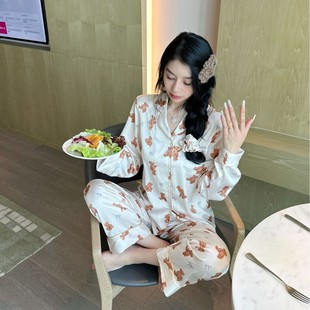 Yase【呆熊荼宝】春秋季新款冰丝睡衣长袖长裤开衫甜美卡通家居服