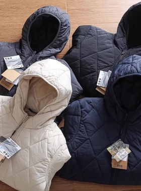 女装菱形格空气棉服蓝紫色休闲连帽百搭棉衣外套24秋冬新款469871